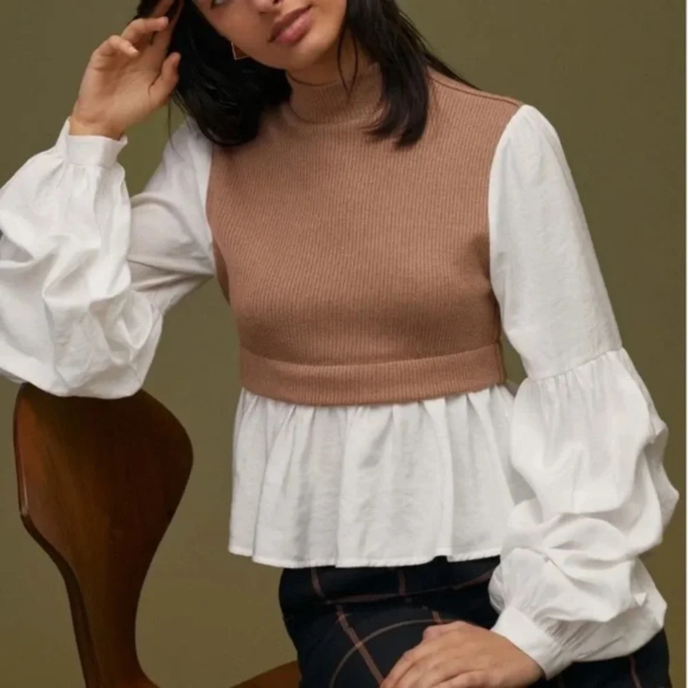 Anthropologie Peplum Sweater Top Size L Brown Ribbed Knit Ruffle Sleeve Blouse